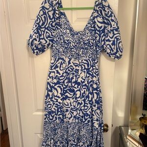 Tanya Taylor Blue and White Midi Dress